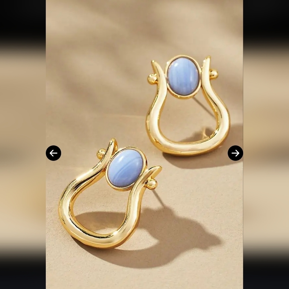 Anthropologie, Stone Horseshoe Earrings, Gold/Blue, MSRP $48